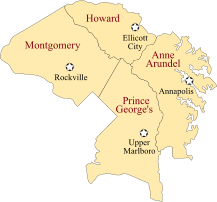location of Price George, Howord, Montgomery, and Anne Arundel